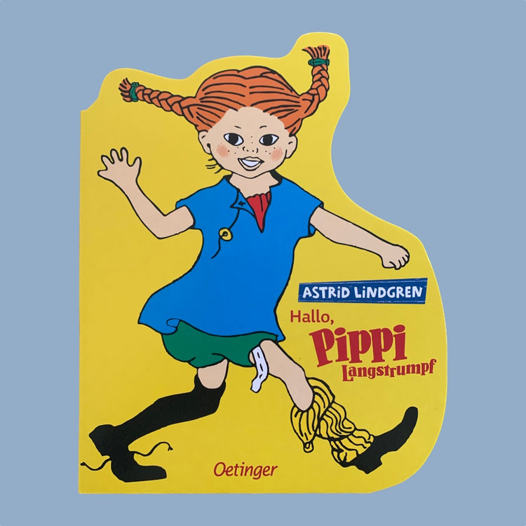 Vorderseite des Pappbilderbuches Hallo Pippi in gelb in Form geschnitten um die Pippi