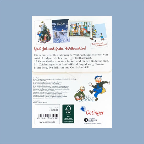 Rückseite der Verpackung des Postkartensets God Jul mit Astrid Lindgren, man sieht u.a. die vier Postkartenmotive: Lotta, Bullerbü, Pippi