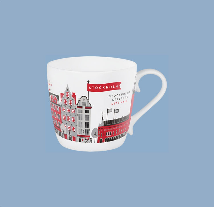 Tasse aus weißem Porzellan mit Motiven aus Stockholm in rot von Citronelles